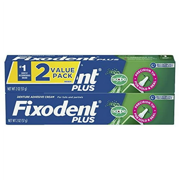Fixodent Denture Adhesive Cream Plus Scope, 2 Ounce, Pack of 2 (Packaging May Vary)