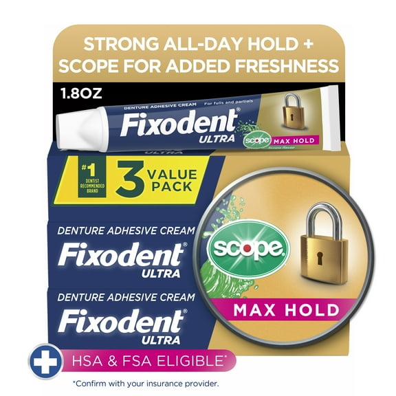 Fixodent Ultra Max Hold Plus Scope Secure Denture Adhesive, 1.8oz, 3 Pack