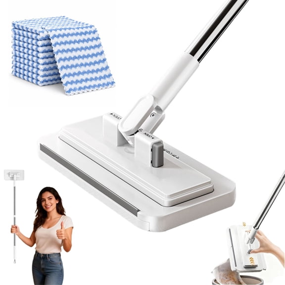 Fixolux Mop, Hands-Free Clamp Flat Mop with 40" Handle & 10 Pads, 360 Swivel Head, Steel Handle and Hands-Free Clamp Grip Towels or Wipes for Wet Dry Floor and Wall Cleaning