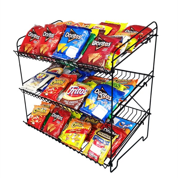 FixtureDisplays 24" Wide X 14.9" Deep X 23.2" Tall 3-Open-Shelf Wire Rack for Countertop Chips Snack Book Display Organizer Concession Theatre Kitchen Pantry Stand Black 19396