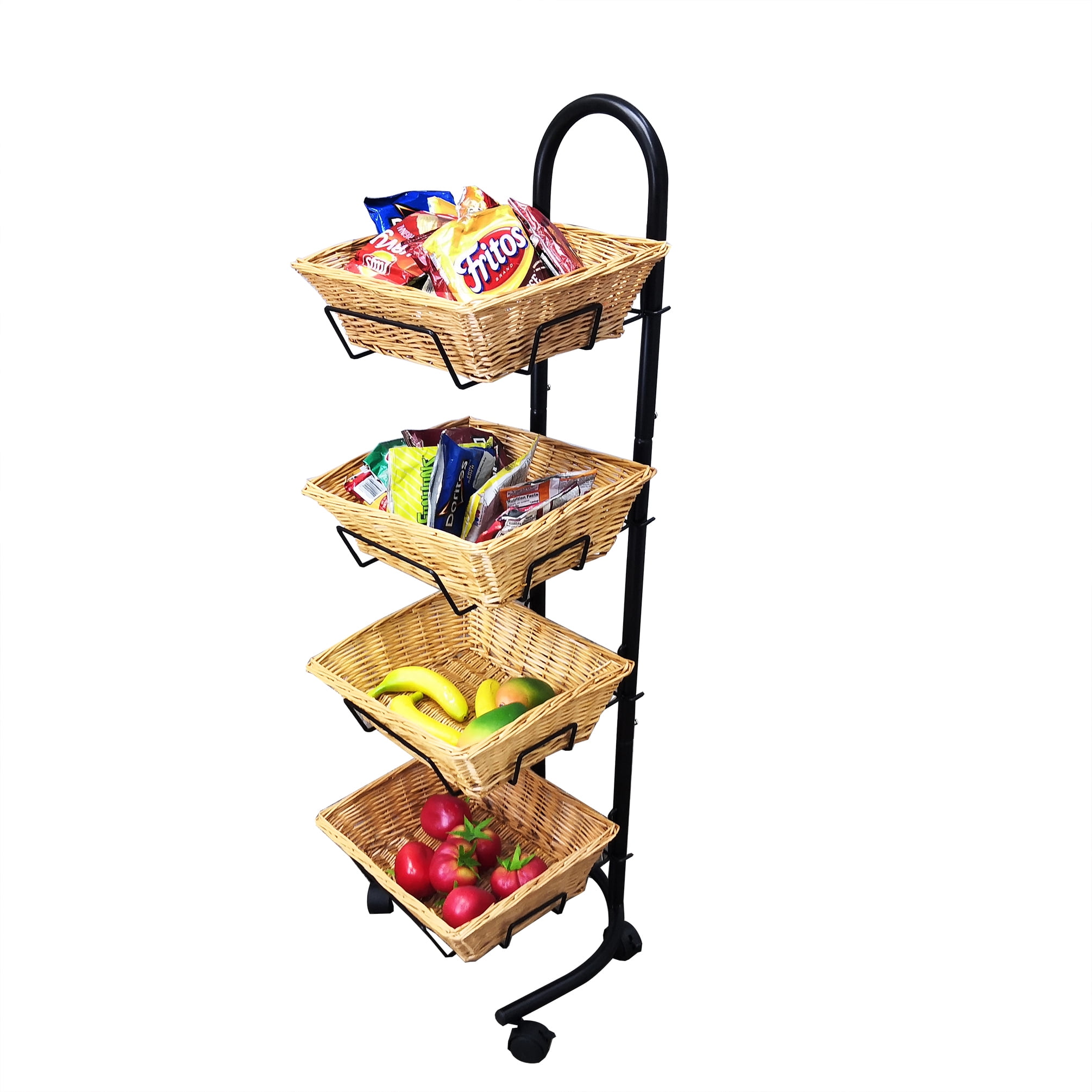 FixtureDisplays® Rolling Wicker Basket Display 4 Tier Market