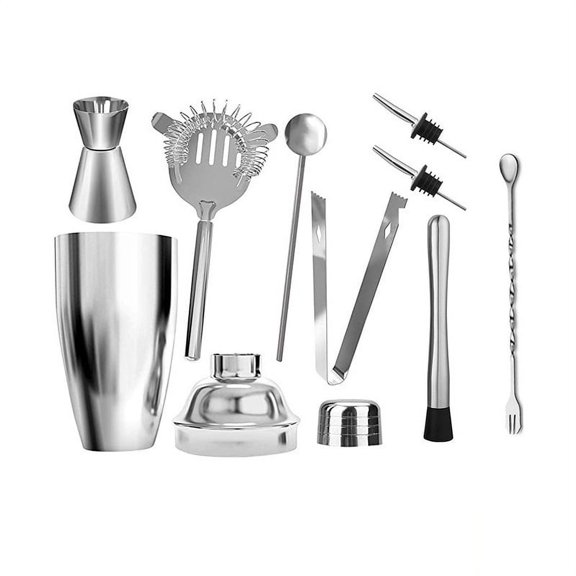 FixtureDisplays Stainless Steel Bartender Set, Cocktail Bartender Set, With Martini Set, Double Measuring Cup, Mixing Spoon, Wine Bottle, Mud Stick, Strainer And Ice Tongs Drink Making Tool 15354