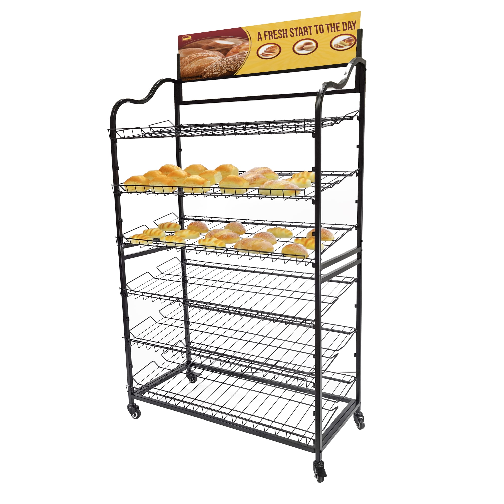 FixtureDisplays® Wide Metal Bakery Display Rack on Wheels, 6 Shelves with Header Holder, 39.5