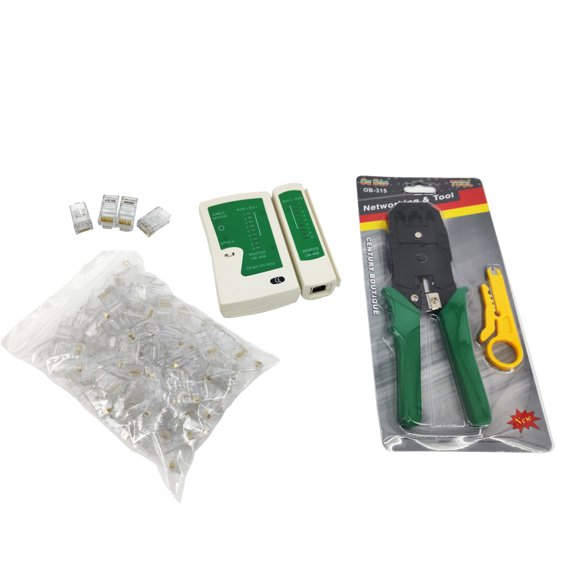 FixtureDisplaysNetwork/Phone Tester + RJ11/RJ12/RJ22/RJ45 Crimp Crimper +100 RJ45 CAT6 Connector Plug Network Tool Kits 15266-NF
