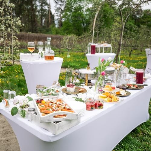 Fixwal 3 Pack White Table Cloths Rectangle 6FT, Tablecloths Rectangular Stretch Spandex Fitted Table Covers 6FT for Parties, Trade Shows, Banquet, Weddings, Buffet, Graduation Decorations