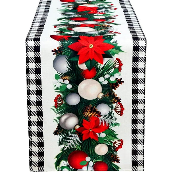 Fixwal Christmas Table Runner Black White Buffalo Plaid, 72 Inches Pine Cones Red Berry Flower Winter Xmas Table Decoration for Holiday Home Kitchen