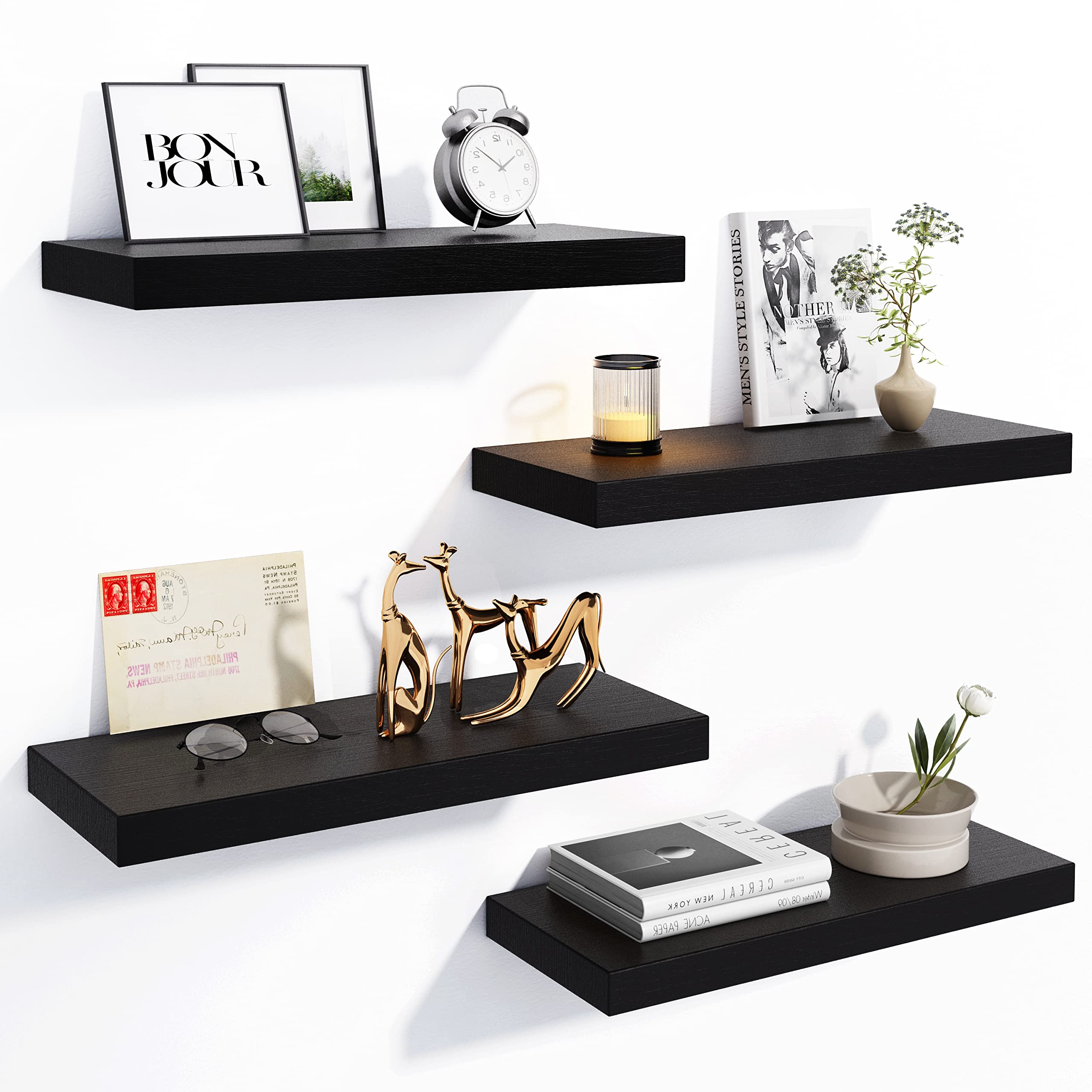 Fixwal Floating Shelves, Set of 4 Black Wood Shelves, Wall Mounted