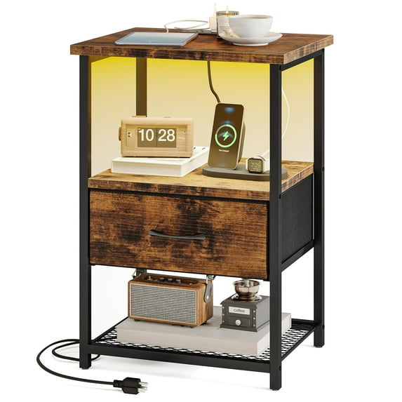 Fixwal Night Stand with Charging Station, LED Nightstand with Fabric Drawers, End Table with PU Finish, Bedside Table, Rustic Brown C108