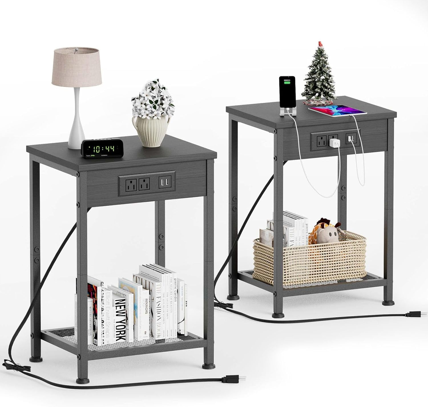Black Metal and Wood Nightstands with Charging Station, Set of 2