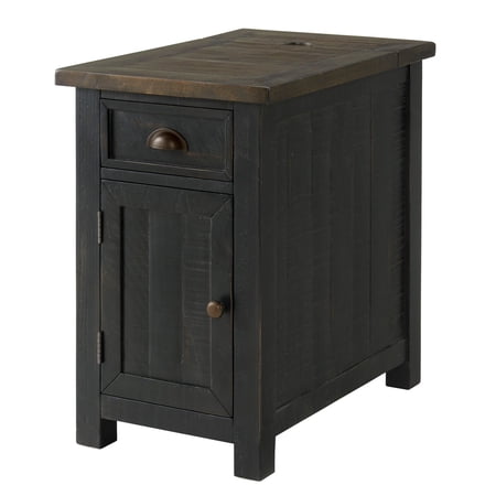 Fiya 25 Inch Chairside End Table Cabinet Drawer USB Ports Black Brown