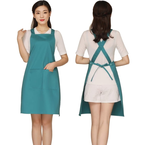 Fiykzur 100% Cotton Cross Back Apron for Women with 2 Pockets - Adjustable Button Straps Pinafore, No Neck Pain Kitchen Chef Apron for Cooking, Catering, Housewife (Red)