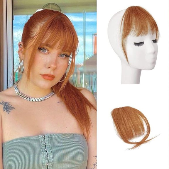 Fiykzur 100% Real Human Hair Clip in Auburn Wispy Bangs Extension Hairpiece
