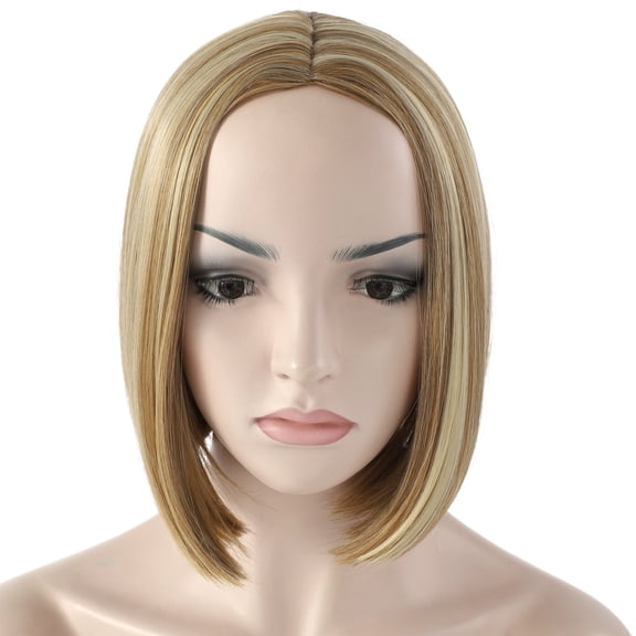Fiykzur 11" Short Straight Middle Part Bob Wig for Women, Heat Resistant Synthetic Fiber, Adjustable Elastic Strap, Highlighted Blonde  Perfect for Daily Wear, Party, Cosplay