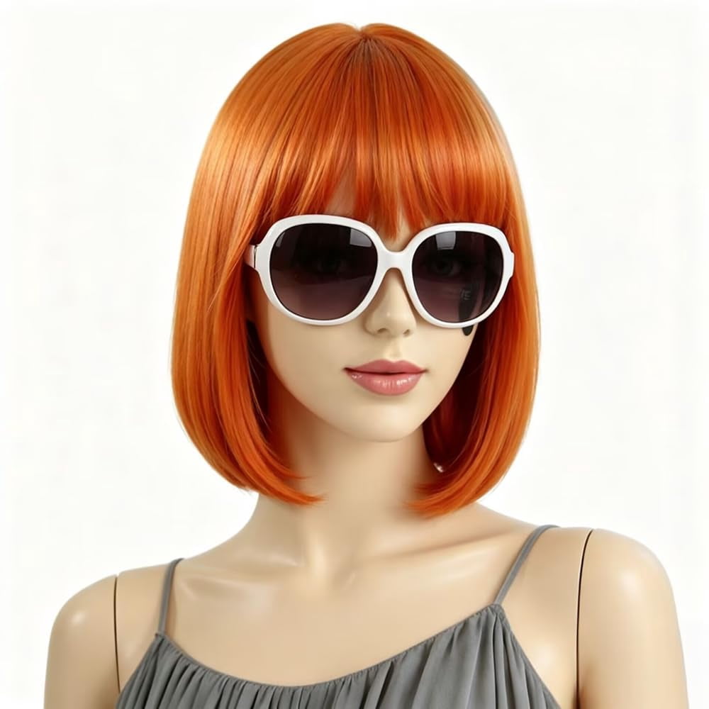 Fiykzur 12 Inch Orange Bob Wig with Bangs, Colorful Synthetic Wig for ...