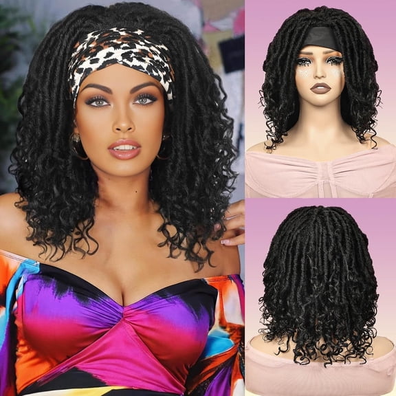 Fiykzur 14 in Short Curly Dreadlock Headband Wig for Black Women Faux Locs