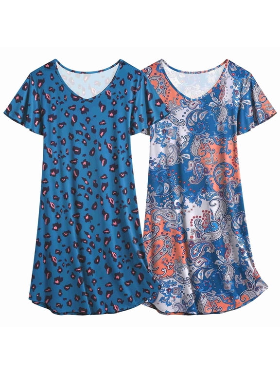 2 Pack Nightgowns for Women Short Sleeve Night Gown V Neck Night Shirts Sleepshirts Leopard Flower