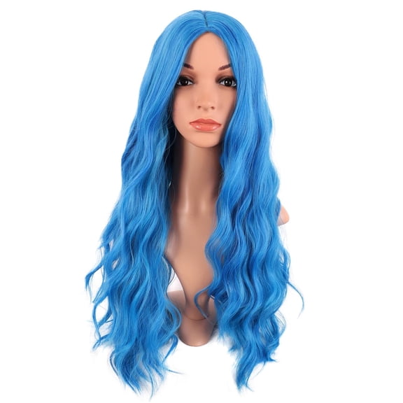 Fiykzur 28 Inch Long Middle-Part Curly Cosplay Wig, Mixed Light Blue