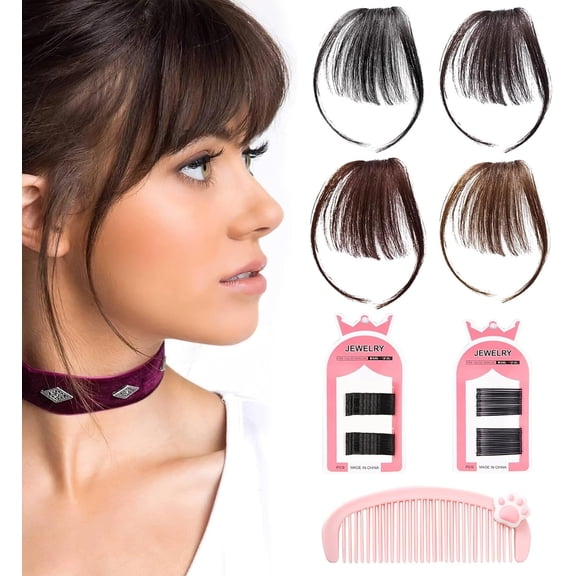 Fiykzur 4-Pack Clip-In Bangs for Women Natural Fake Fringe with Adjustable Invisible Clips, Heat Resistant & Washable Light Brown, Dark Brown, Brown-Black, Black