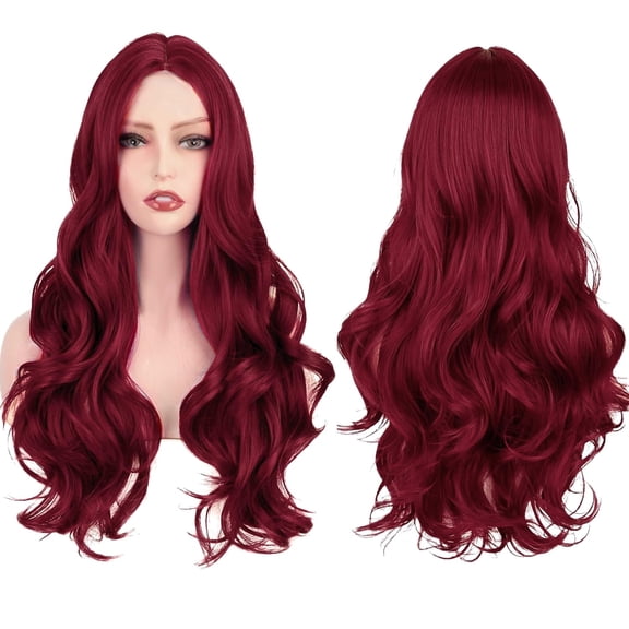 Fiykzur 70 cm/28 inch Long Natural Wavy Wigs with Middle Part for Women Cosplay Fancy Dress Halloween Party Wig Synthetic Heat Resistant Hair (Wine Red)