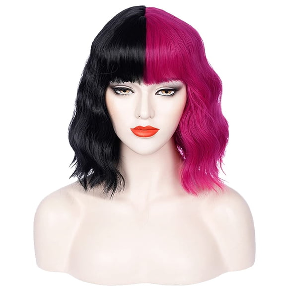 Fiykzur Black Pink Wig Short Curly Bangs Half Split Heat Resistant Women