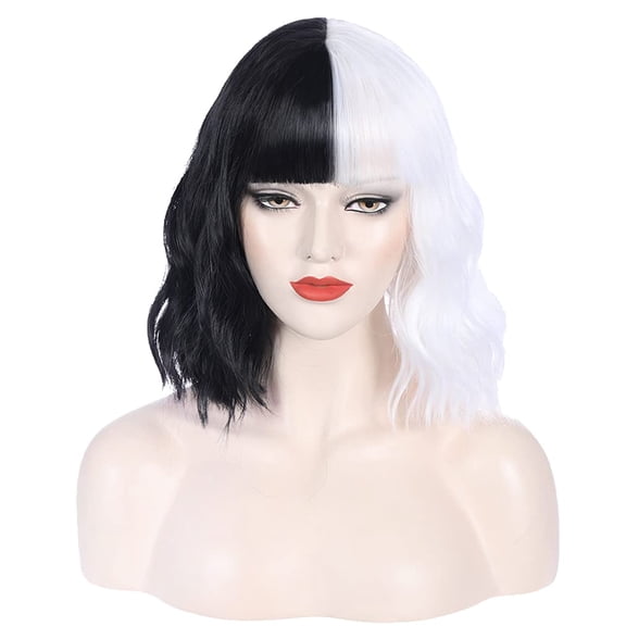 Fiykzur Black White Wig Short Curly Half Black White with Bangs Cosplay
