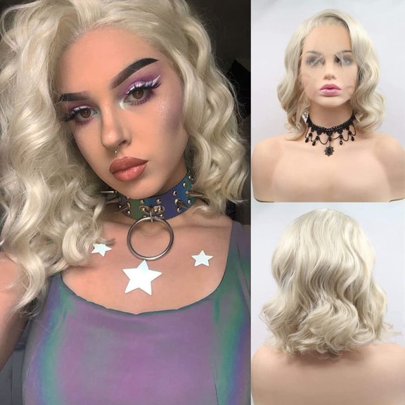 Fiykzur Blonde Bob Lace Front Wig for Women Loose Wavy 613 Bob Wig Natural Hairline Pre Plucked Wigs Heat Resistant Fiber Platinum Blonde Lace Wigs Daily Wear 14inch