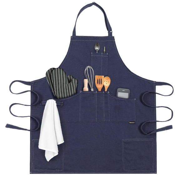 Fiykzur Chef Apron for Men, Canvas Apron with Pockets for Women, Large BBQ Apron for Kitchen Grilling Baking, Heavy Duty Work Apron with Adjustable Neck Strap for Barber Gardening, Navy
