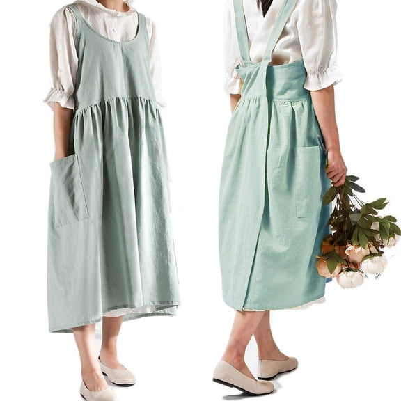 Fiykzur Cotton Linen Cross Back Apron for Women with Pockets for Painting Gardening Yellow with Waist Ties
