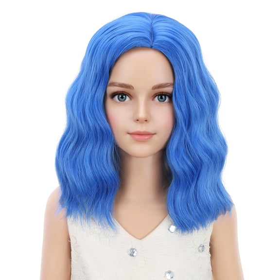 Fiykzur Dark Blue Wig for Kids Girls Short Blue Wavy Curly Wigs Side Part Bob Wigs Synthetic Halloween Cosplay Costume Hair Wig