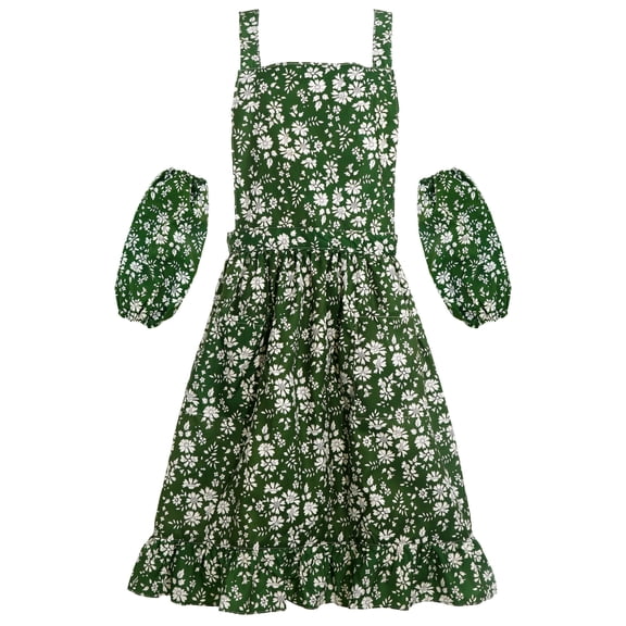 Fiykzur Floral Apron for Women Vintage Apron Dress 2 Pockets Kitchen Apron Cute Bib Printed Apron for Gardening Florists Cooking Workwear Green/Khaki