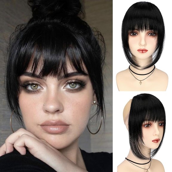 Fiykzur French Bangs Clip on - Jet Black Long Wispy Fringe With Temple