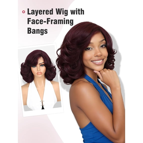 Fiykzur Glueless Burgundy Curly Yaki Wavy Short Layered Bob Wig with Bangs