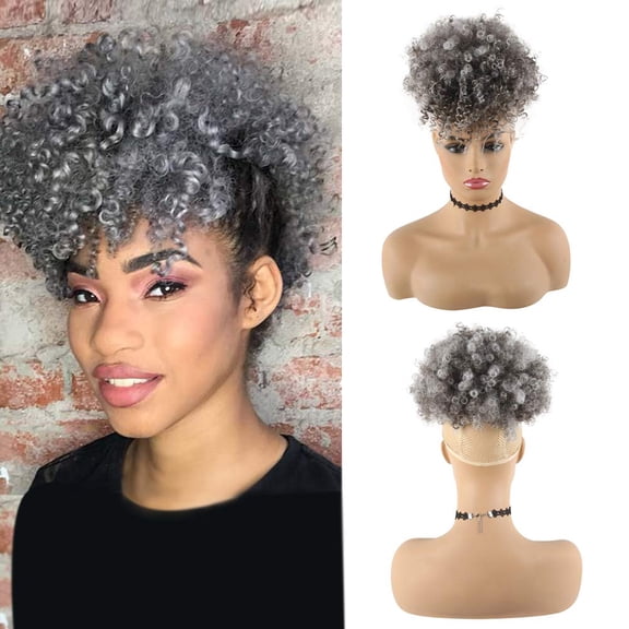 Fiykzur Gray Yaki Afro Puff Drawstring Ponytail with Bangs for Black Women