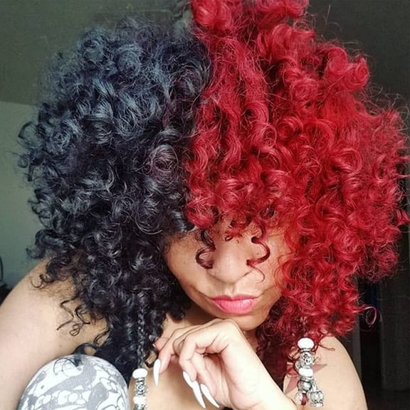Fiykzur Half Black Red Short Kinky Curly Wig with bangs for Women