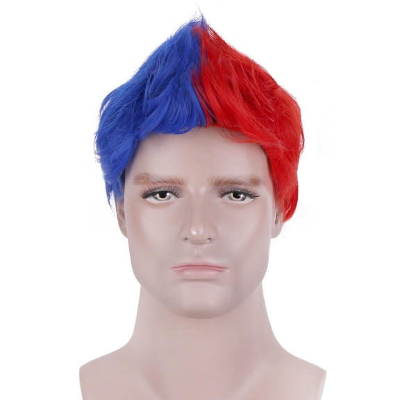 Fiykzur Half Red Half Blue Wig Short Layered Wig for Men Short Red Blue Split Wigs for Cosplay Halloween Party Daily Hairnet Include