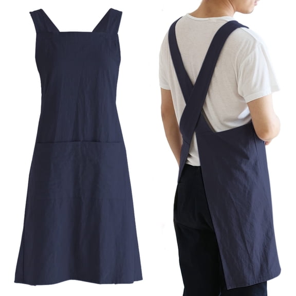 Fiykzur Japanese Cotton Linen Cross Back Cooking Apron for Women Men with Pockets Cute for Baking Kitchen