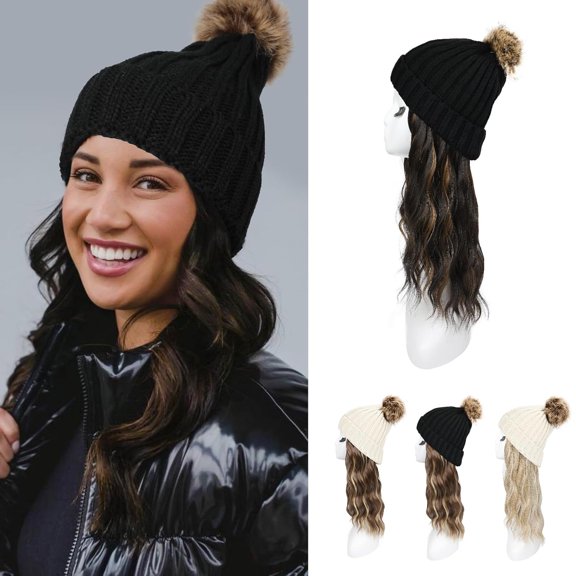 Fiykzur Knitted Beanie Wig, Hat Hair Extension Long Wavy Curly Black Hat Wig with Faux Fur Pom Attached 12 Inch Synthetic Hairpiece for Women Girls Winter - Black Brown with Highlights
