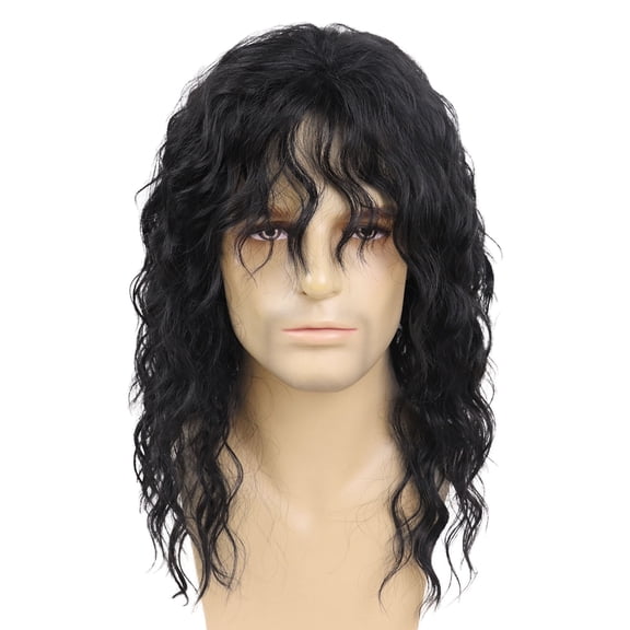 Fiykzur Long Curly Men's Wig with Bangs - 70s 80s Rocker Style Adjustable Synthetic Hair for Disco, Punk, Cosplay Parties
