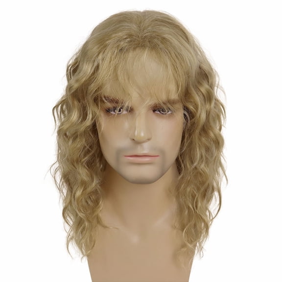 Fiykzur Long Curly Wig for Men - 70s 80s Rocker Disco Punk Style with Bangs, Adjustable Cap, Synthetic Fiber, Black/Grey/Brown/Blonde, for Christmas Parties & Cosplay