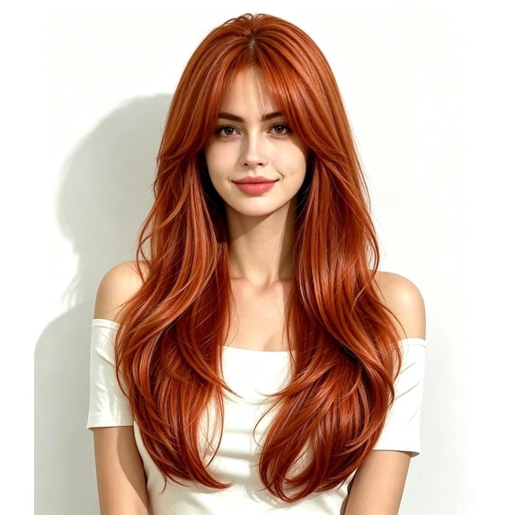 Red Wavey Color Fiykzur Long Wavy Auburn Red Wigs for Women, Layered Synthetic Copper ...