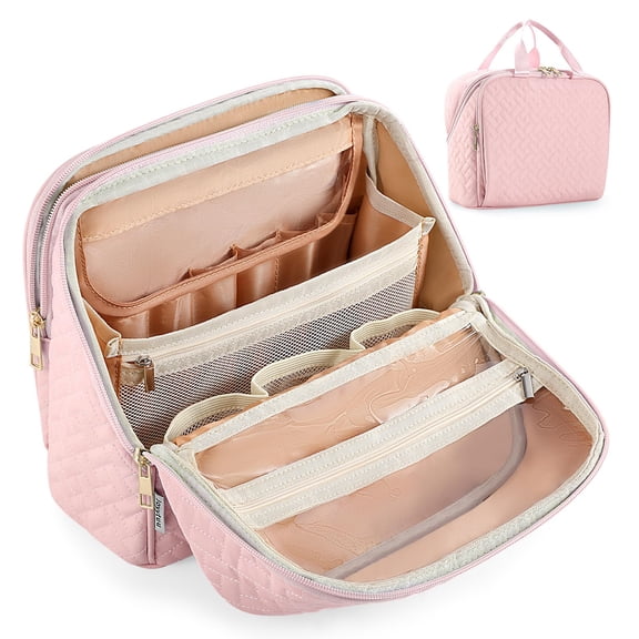Fiykzur Makeup Bag, Large Capacity with Room for Brushes and Mirror, Travel Makeup Organizer, Portable Standing Make Up Case, Waterproof Cosmetic Toiletry Bags with Handle, Color Brown