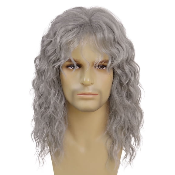 Fiykzur Men's Long Curly Wig with Bangs  70s 80s Rocker Style for Parties, Concerts & Cosplay  Adjustable Synthetic Wig in Black, Blonde, Brown & Grey