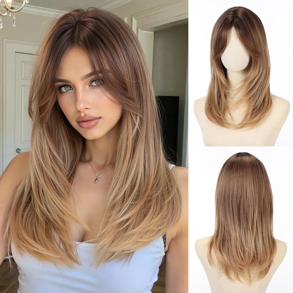 Fiykzur Ombre Brown Wig with Curtain Bangs Medium Length Layered Bob Hair Wig for Women Heat Resistant Synthetic Wigs for Daily Use
