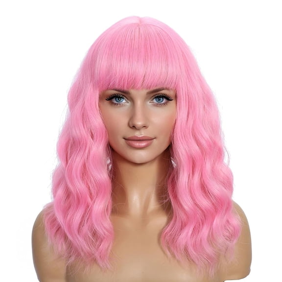 Fiykzur Pastel Bob Wigs with Bangs for Women Loose Wavy Wig Pastel Wavy Shoulder Length Bob Synthetic Cosplay Wig for Girl Colorful Costume Wigs (Pink)