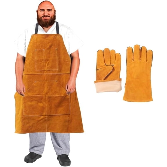 Fiykzur Plus Size Leather Apron Flame Resistant for welding Working, with Glove