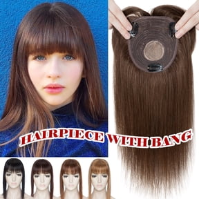 Fiykzur Remy Human Hair Clip In Topper for Women - 150% Density Natural Hairpiece Wiglet with Bang, Silky Straight, Brown