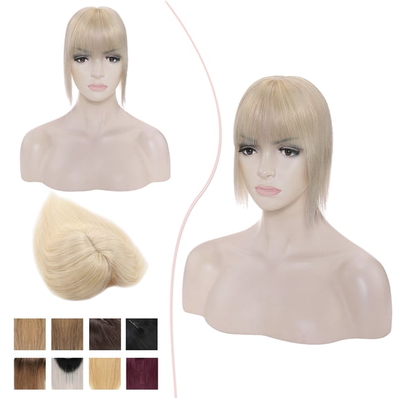 Fiykzur Remy Human Hair Topper for Women, Silk Base Clip In Hair Pieces with 3D Air Bangs, Natural Hair Volume & Coverage, 17 Colors, 10inch #60 Platinum Blonde