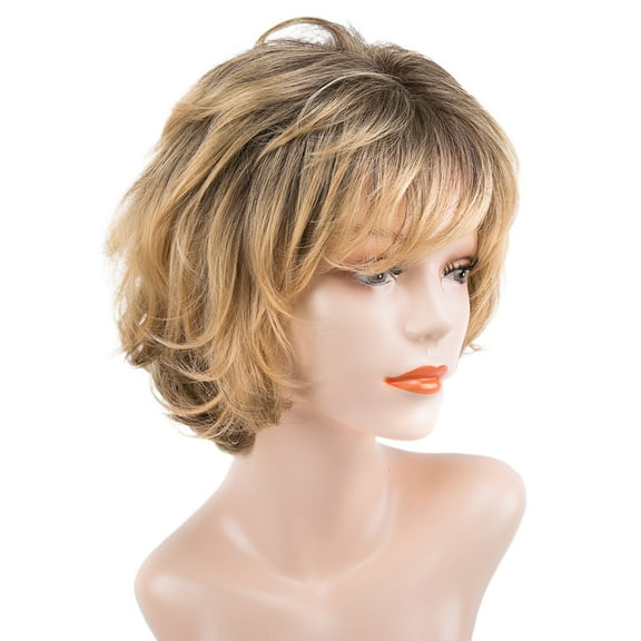 Fiykzur Short Curly Lace Front Wig with Bangs Yellow Brown Blonde Pixie Cut Synthetic Wavy Wig for Women, Natural Hairline, Comfortable for Daily Wear, Party, Cosplay