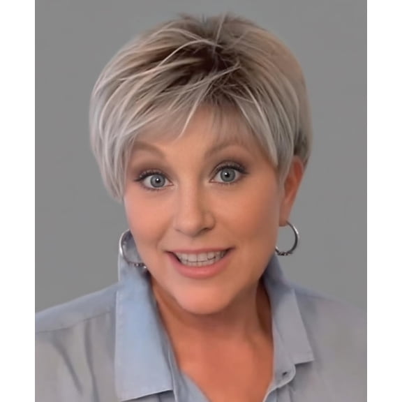 Fiykzur Short Pixie Wigs for Women Layered Ombre White Blonde Wig with Bangs Synthetic Natural Hair Womens Wigs
