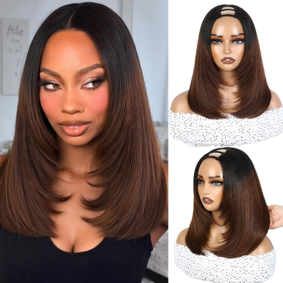Fiykzur Short Straight U Part Wig Ombre Brown Layered Bob Glueless Half Wig